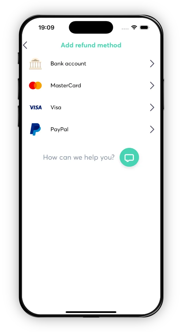 Airvat app screen listing different VAT refund payment options